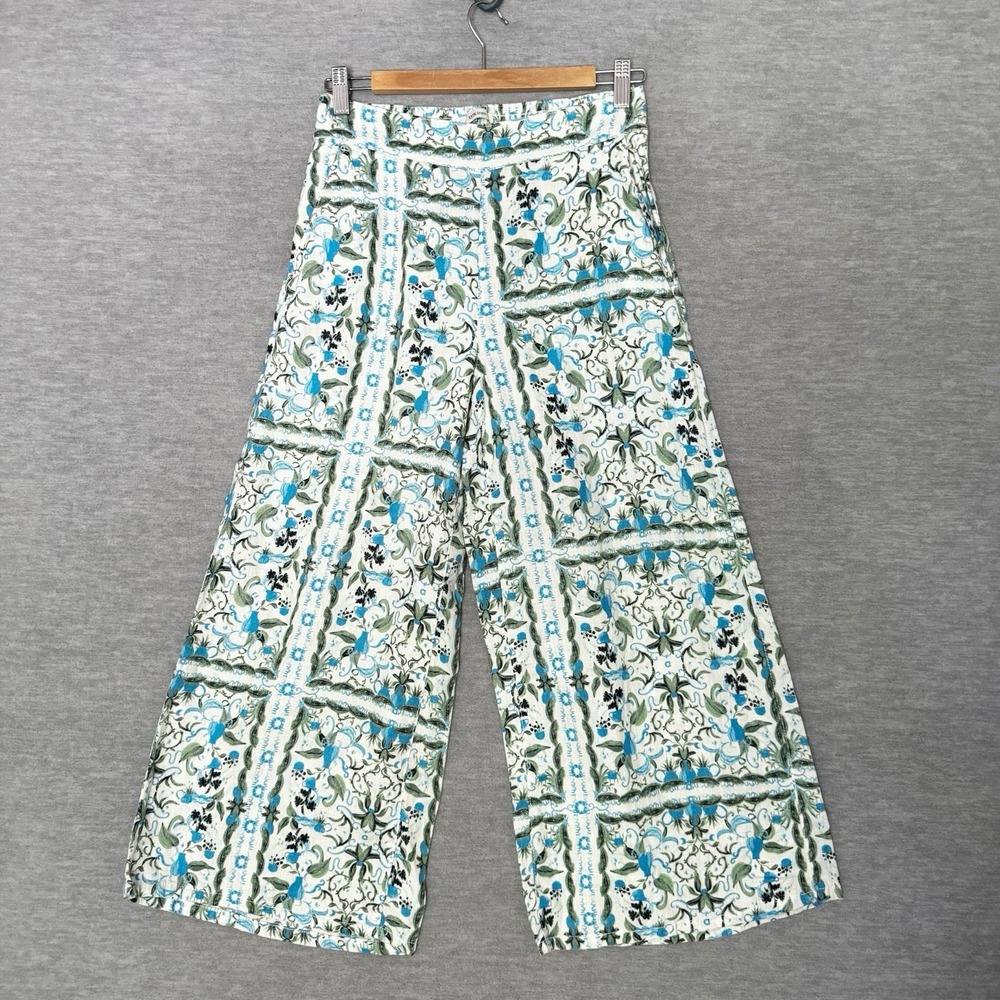 JOIE 100% Linen Wide Leg Crop Pants Size Small Blue White Floral Coastal Boho